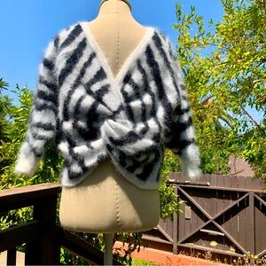 ba&sh Fuzzy Angora Zebra Stripe Black & White Twisted Back Knot Sweater sz 4
